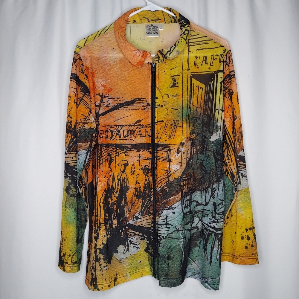 Parsley Sage Mesh Jacket Large Orange Stretch Abstract Cityscape Long Sleeve Art